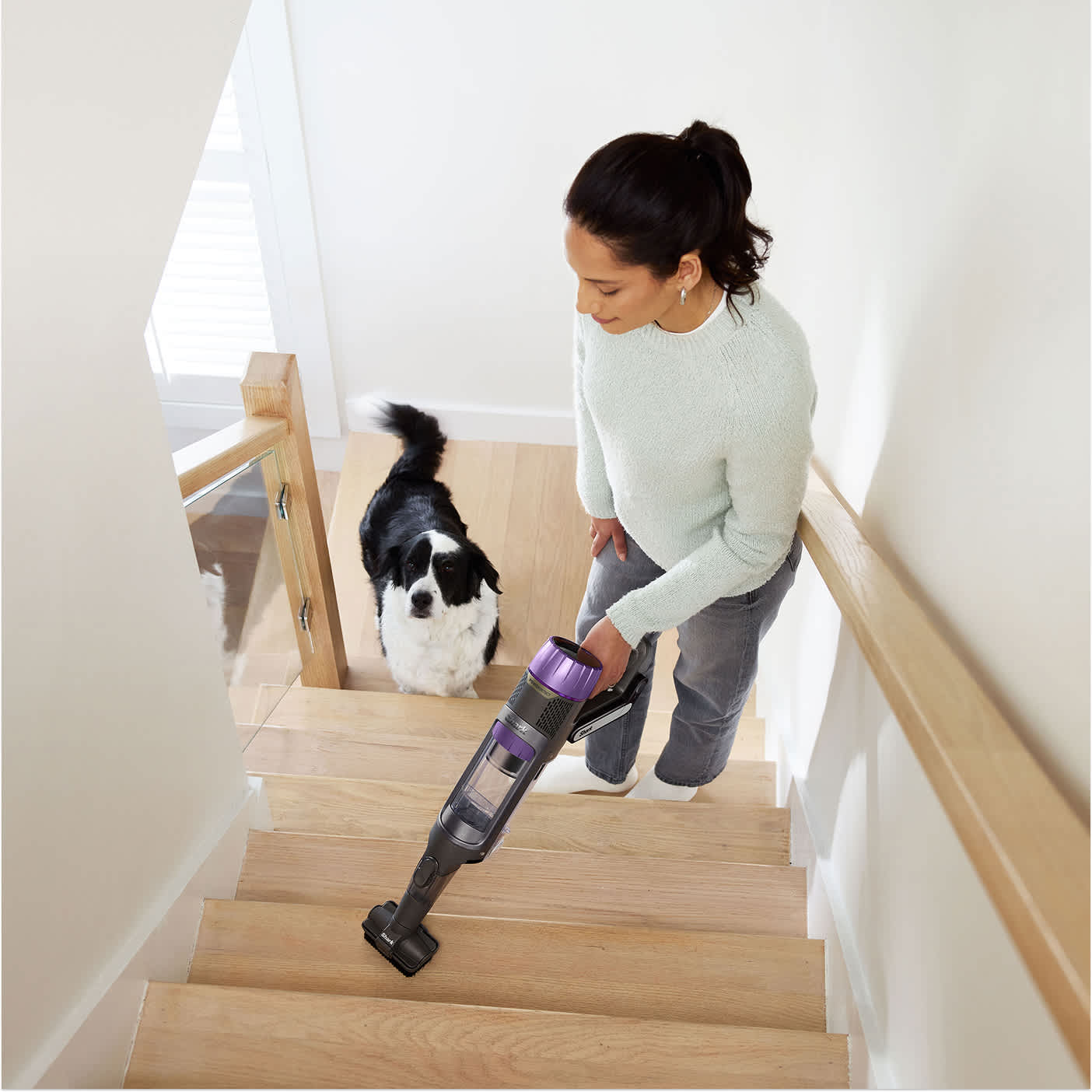 Women and dog in the background cleaning up the stairs using the PowerDetect Cordless Handheld mode